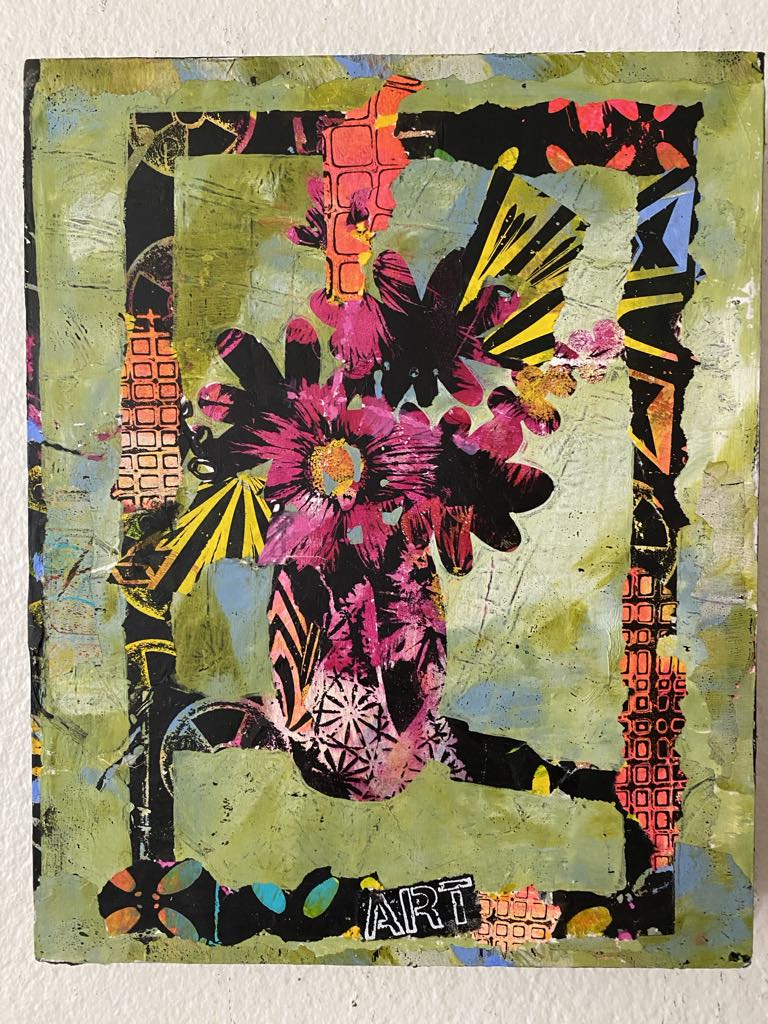 Vase of Flowers Gelli Print An example layered gelli print featuring a vase of flowers with a patterned border