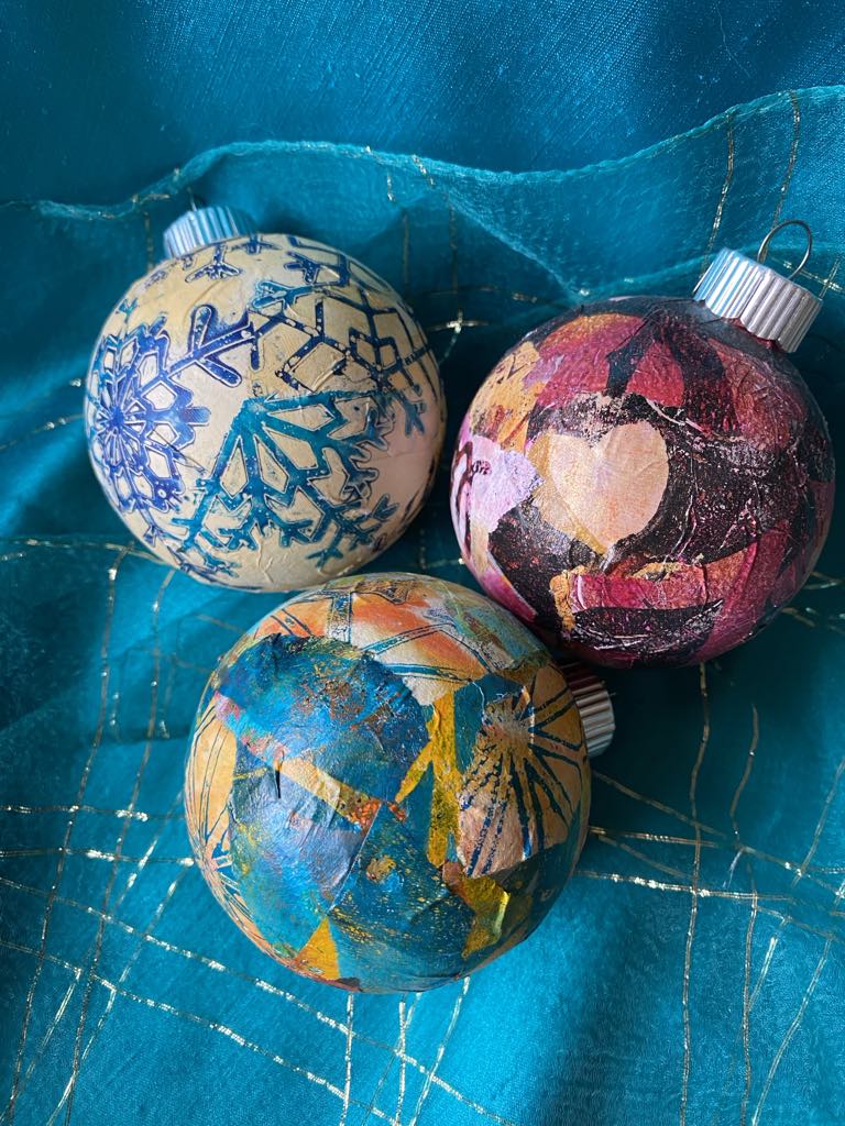 gel-print-collage-ornaments Example of ornaments made using gel prints
