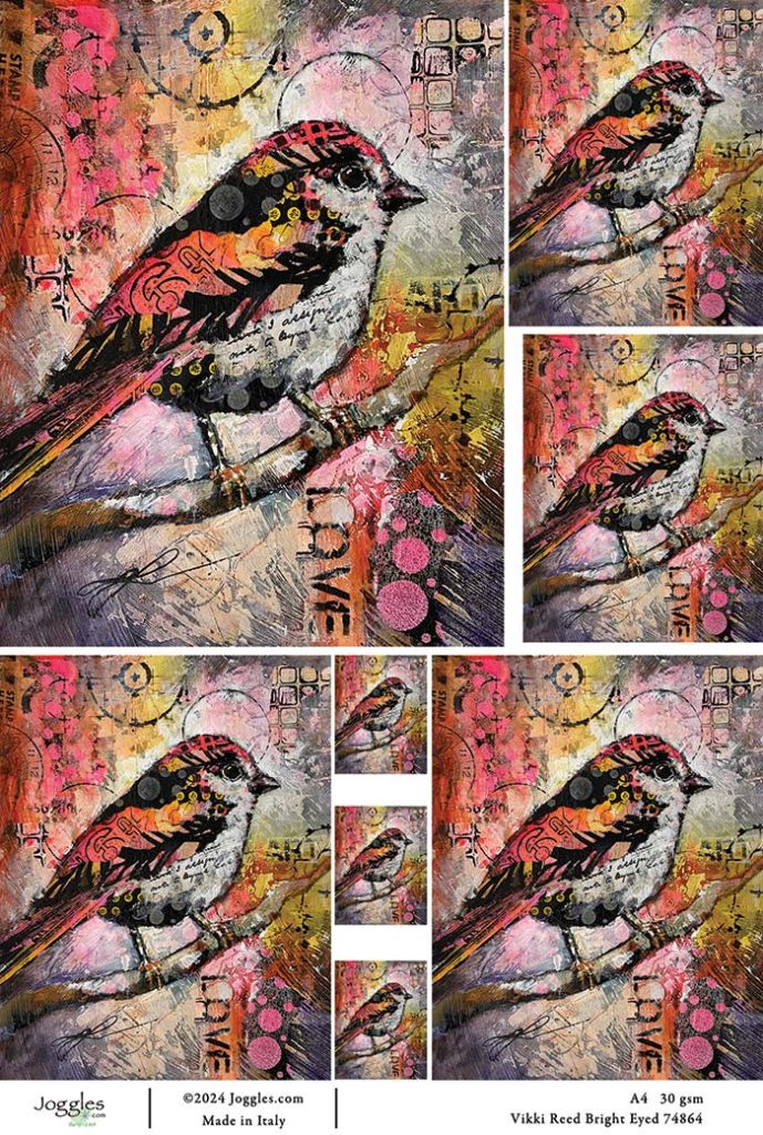 A sheet of Vikki Reed bird design called Bright Eyed, printed on Rice Paper