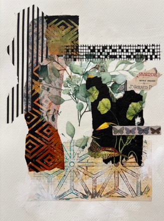 Example of mixed media art created by Vikki Reed using napkins and gelli prints etc